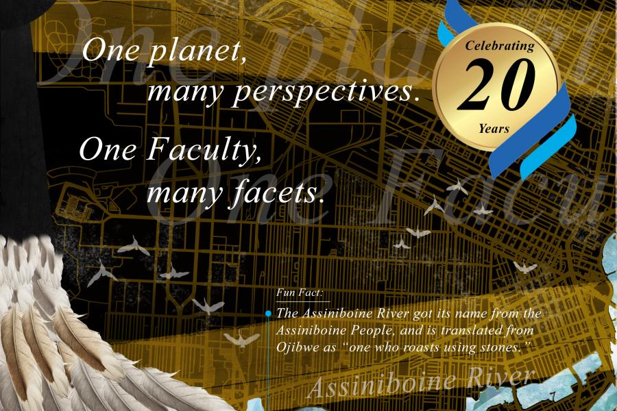 The cover of the Riddell Faculty's Winter 2024 newsletter. It shows a gold and brown map of Winnipeg with the rivers painted blue. A goose soars above the map.