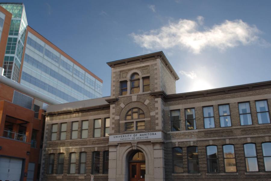 An exterior view of the entrance to the Max Rady College of Medicine.