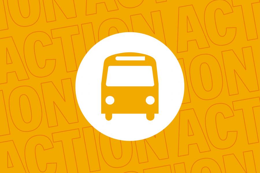 A yellow graphic of a yellow circle with a white icon of a bus in the middle. The background is the word action repeating.